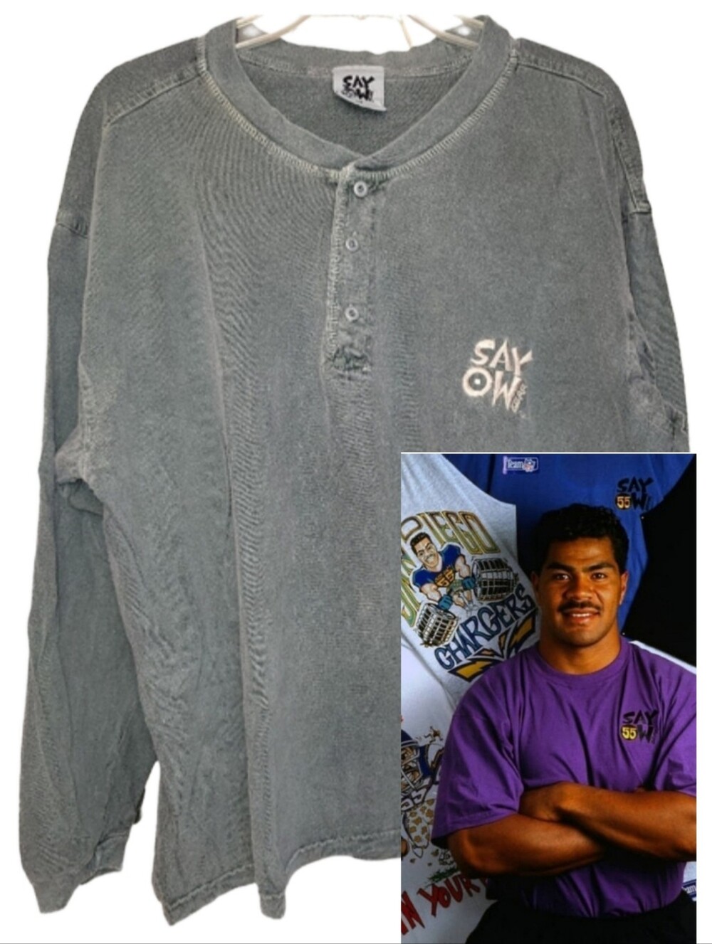 Rare Vtg 90s Say-Ow Gear Jr Seau Chargers Henley  Excellent Condition Green Sz L